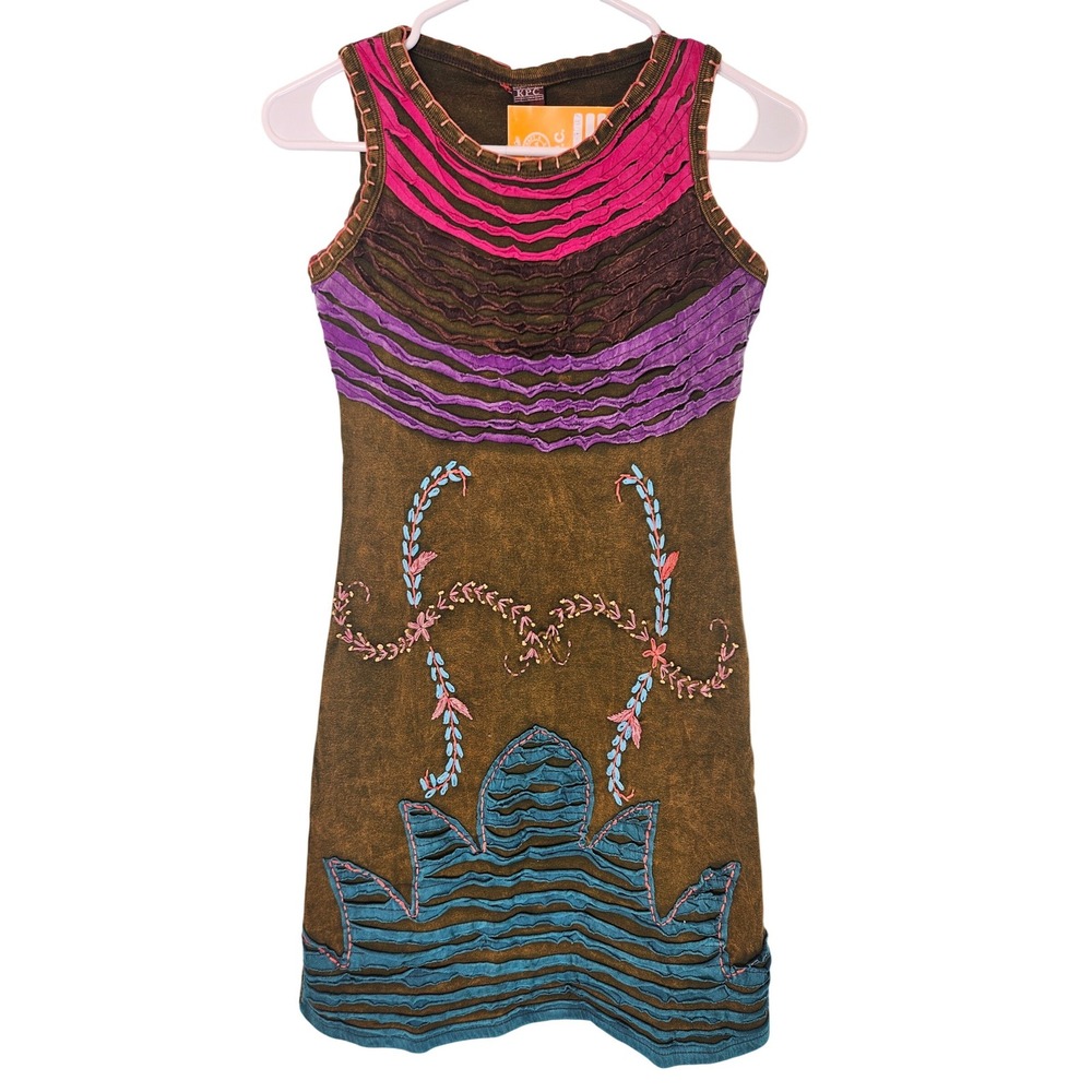 K.P.C Boho Mini Dress Olive Green Handmade Floral Embroidered Fairycore Hippie